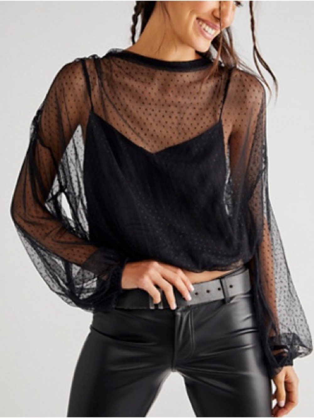 Free People Ellie Mesh Black Polka Dot Balloon-Sleeve Blouse